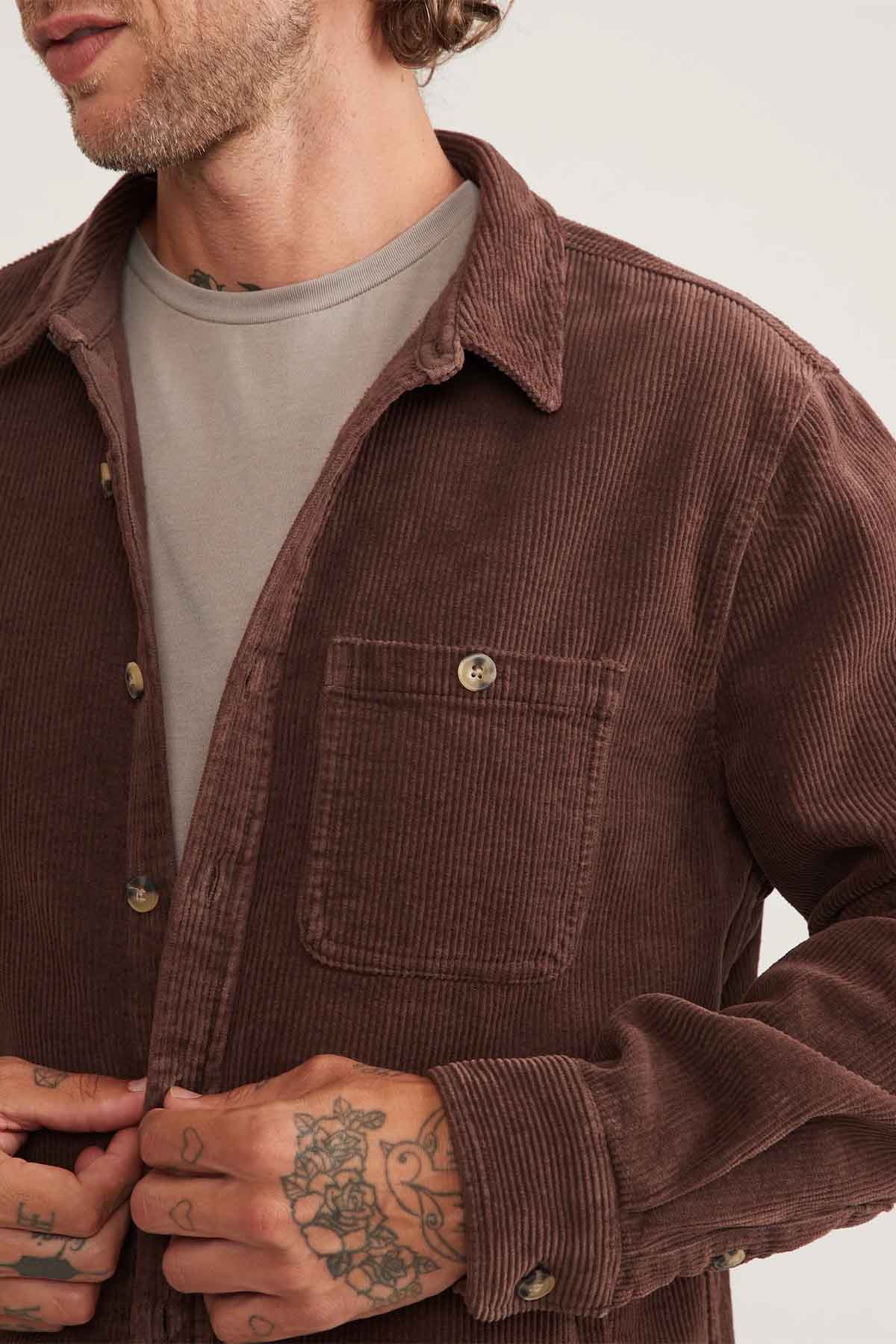 Marine Layer - Max Broken In Corduroy Overshirt - Chocolate - Detail