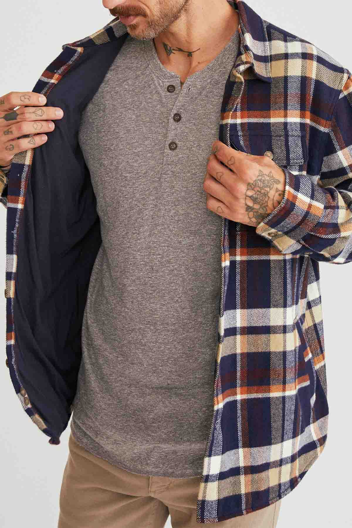 Marine Layer - Signature Lined Camping Shirt - Navy/Brown Plaid - Inside