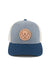 REVOLVR simplify trucker cap in grey, birch and navy with leather logo patch on front and adjustable snapback front view
