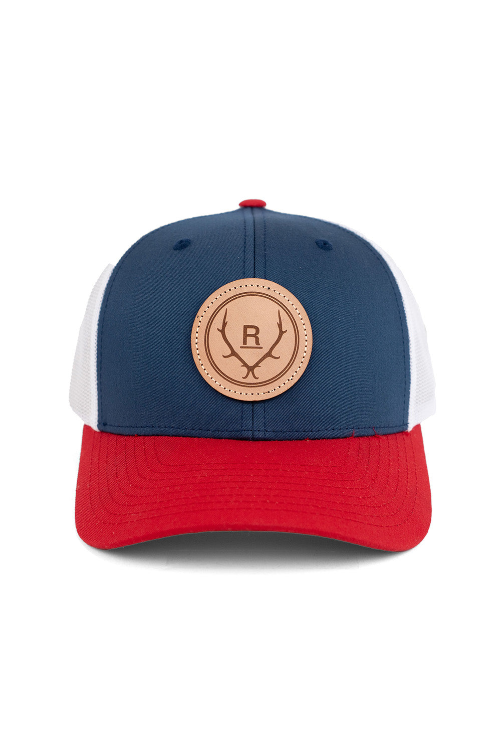 REVOLVR simplify trucker cap in red, which and blue with leather logo patch on front and adjustable snapback front view