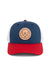 REVOLVR simplify trucker cap in red, which and blue with leather logo patch on front and adjustable snapback front view