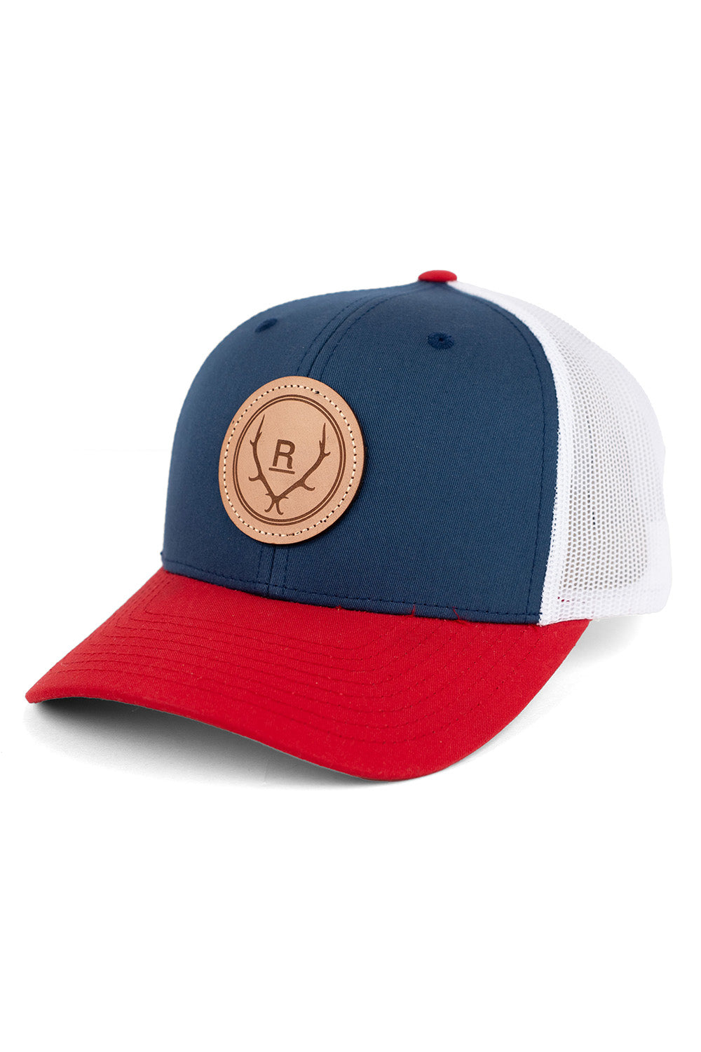 REVOLVR simplify trucker cap in red, which and blue with leather logo patch on front and adjustable snapback profile view
