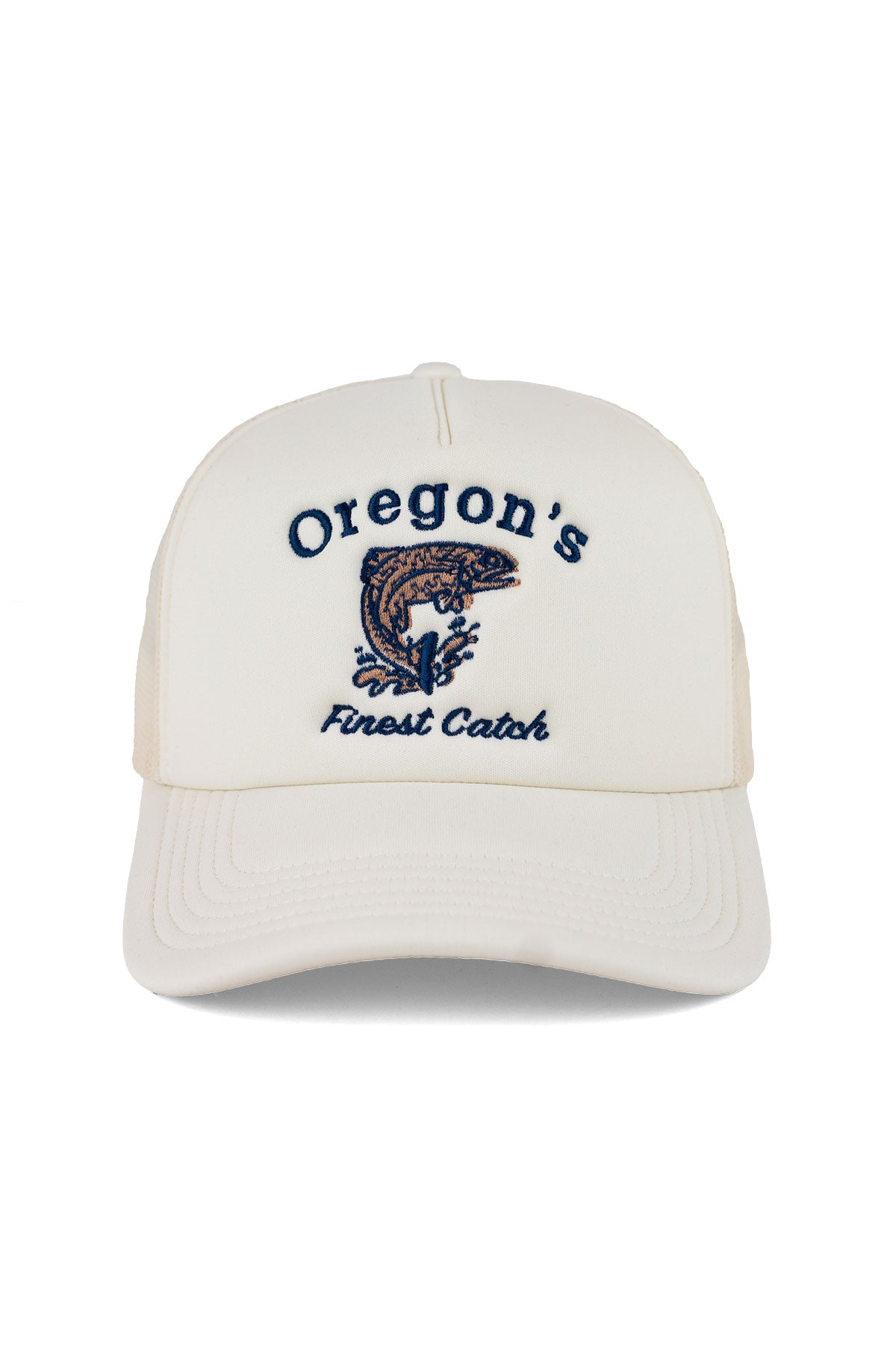 REVOLVR Menswear Oregon's Finest Catch Trucker hat cap bone white with embroidered fish