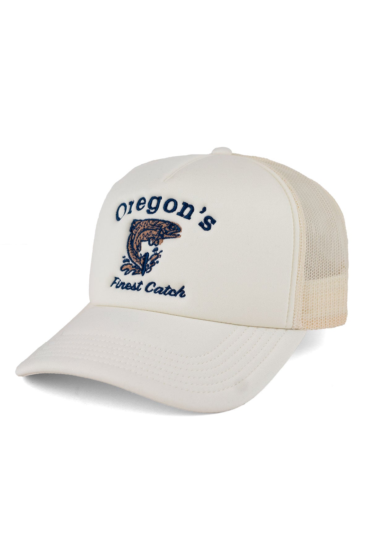 REVOLVR Menswear Oregon's Finest Catch Trucker hat cap bone white with embroidered fish