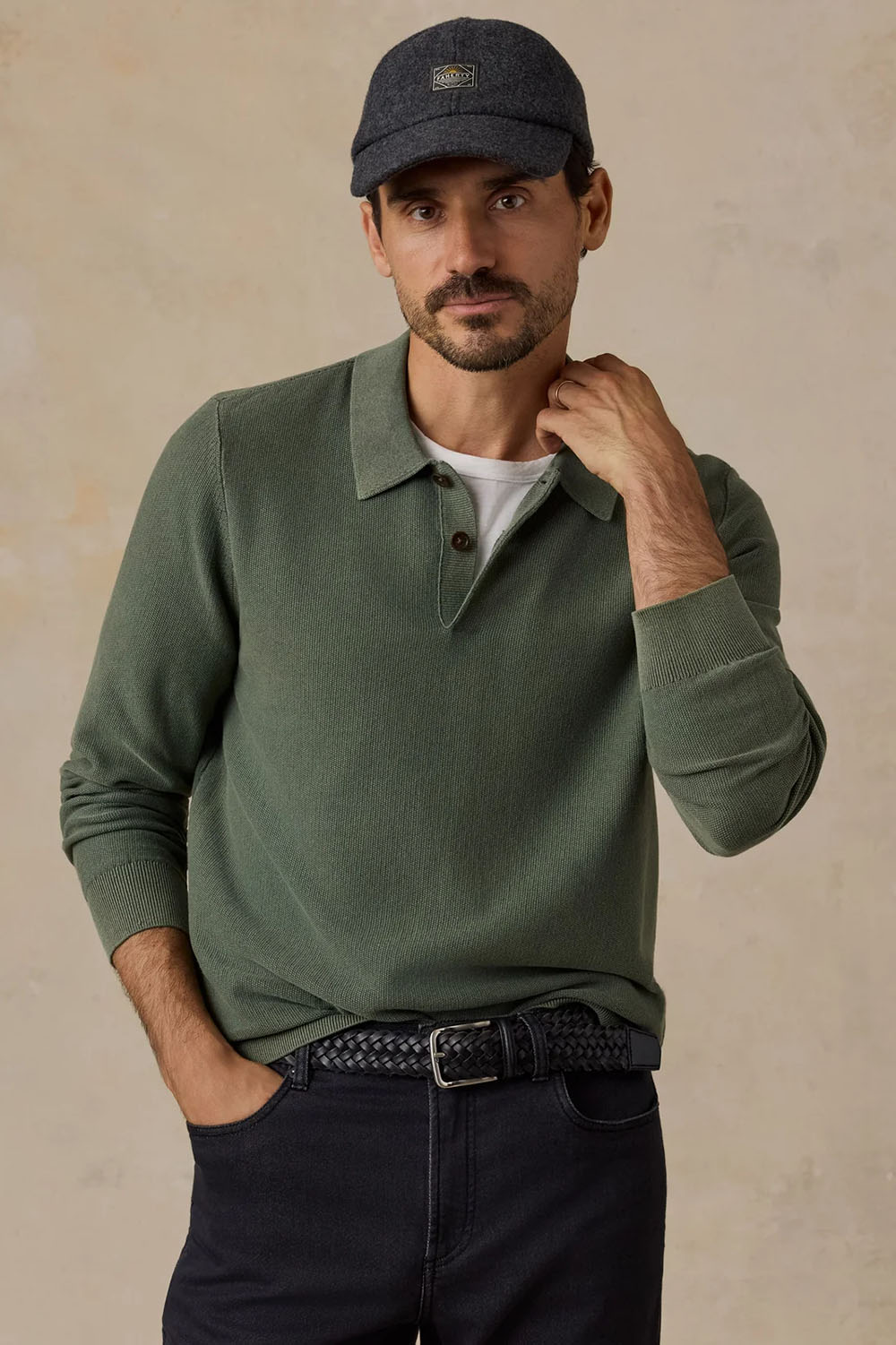 Faherty Sunwashed Sweater Polo in Mountain Green — Front view