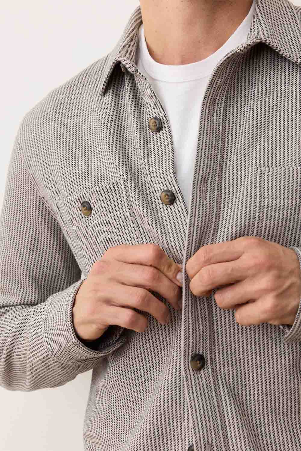 Marine Layer PACIFICA OVERSHIRT Grey Railroad Stripe Detail