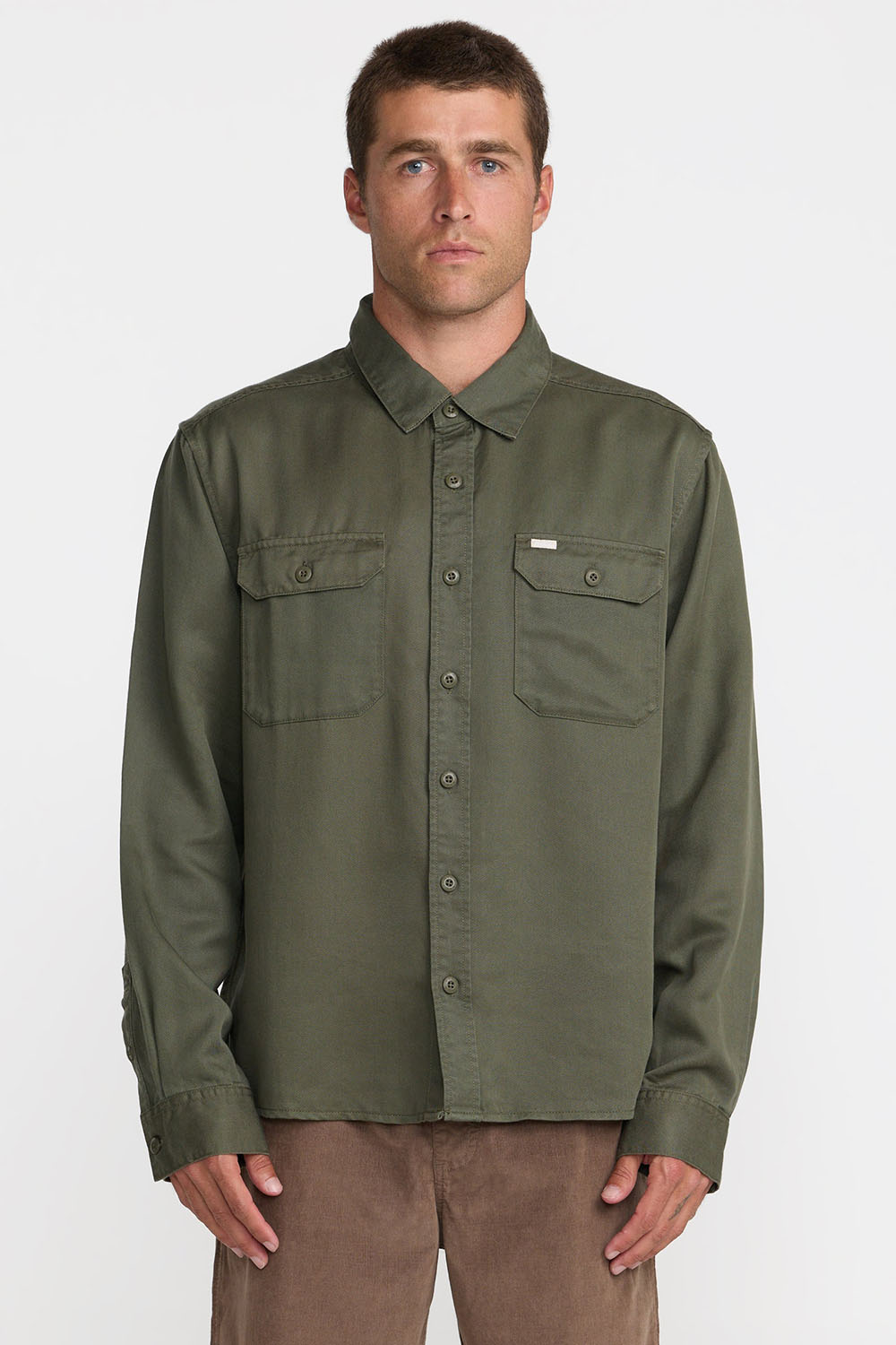 RVCA Vacancy Utility Shirt in Fatigue — Front view