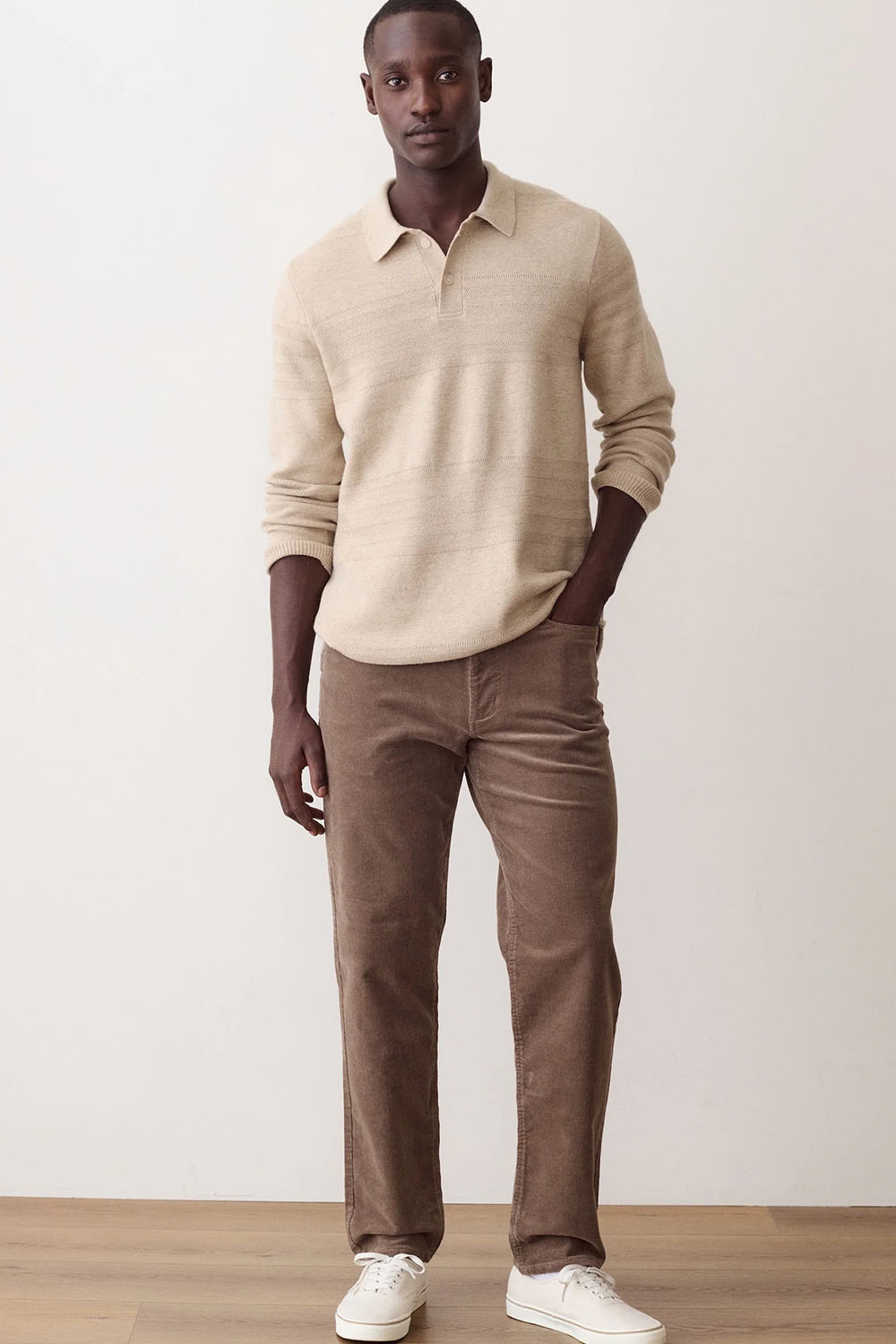 Marine Layer 5 Pocket Flex Terry Cords in Taupe — Lifestyle view