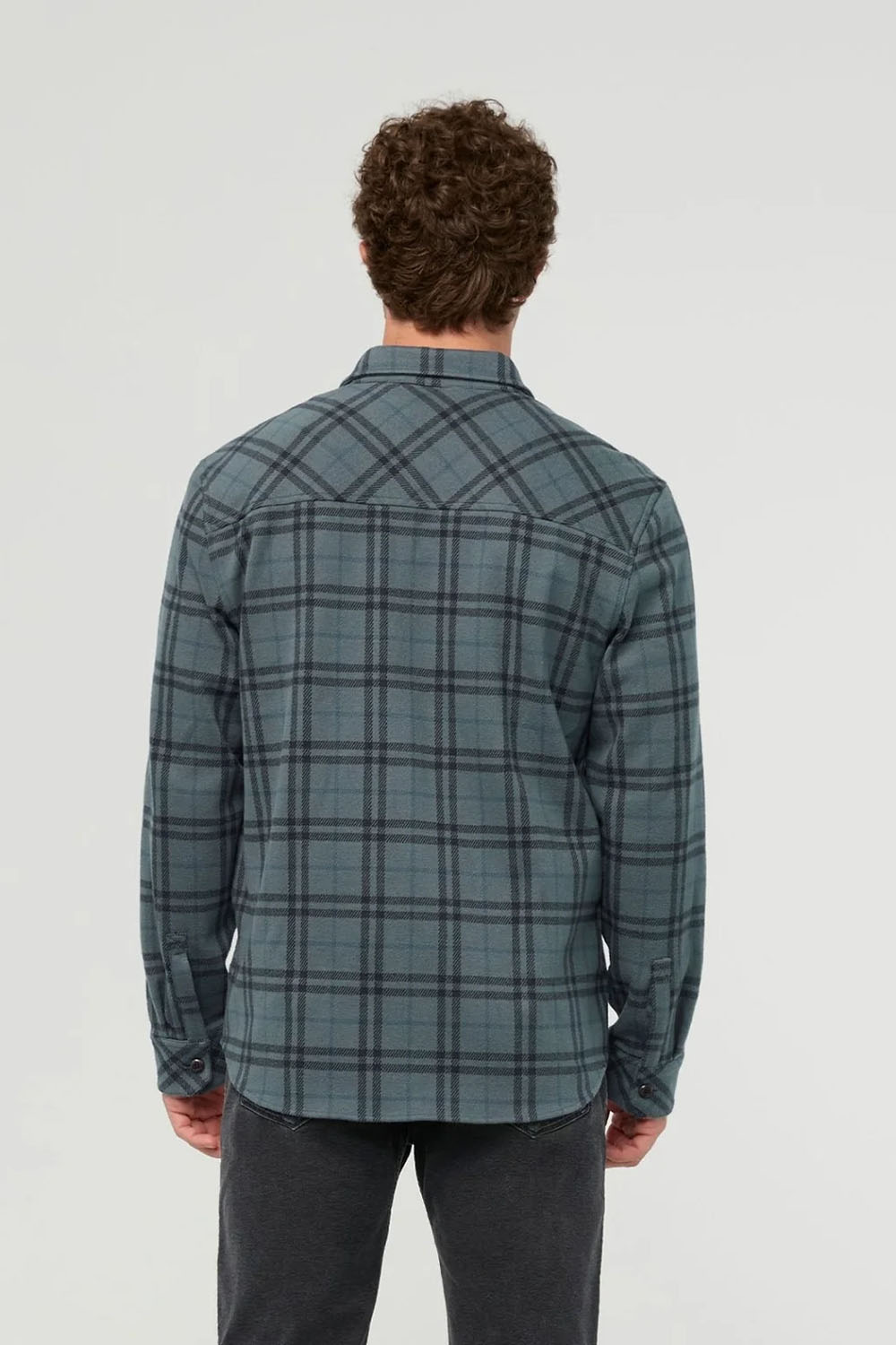 Duer Performance Flannel Overshirt in Marine Plaid — Back view