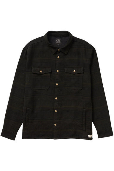 billabong lodge flannel dark military flatlay