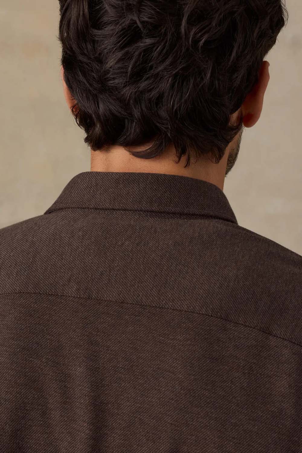 Faherty Coastline Knit Shirt in Brown Road Twill — Detail collar view
