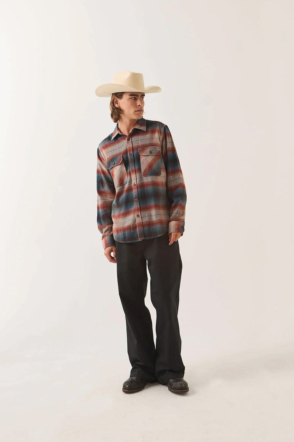 Brixton Bowery Flannel in Multi Shadow — Quarter view