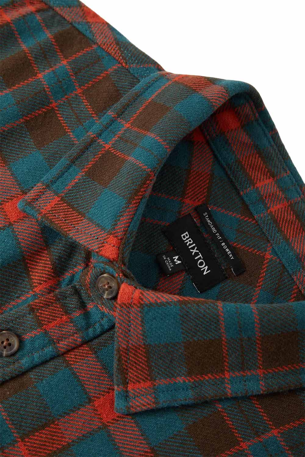 Brixton Bowery Flannel in Walnut Brown/Ultra Marine — Collar detail view