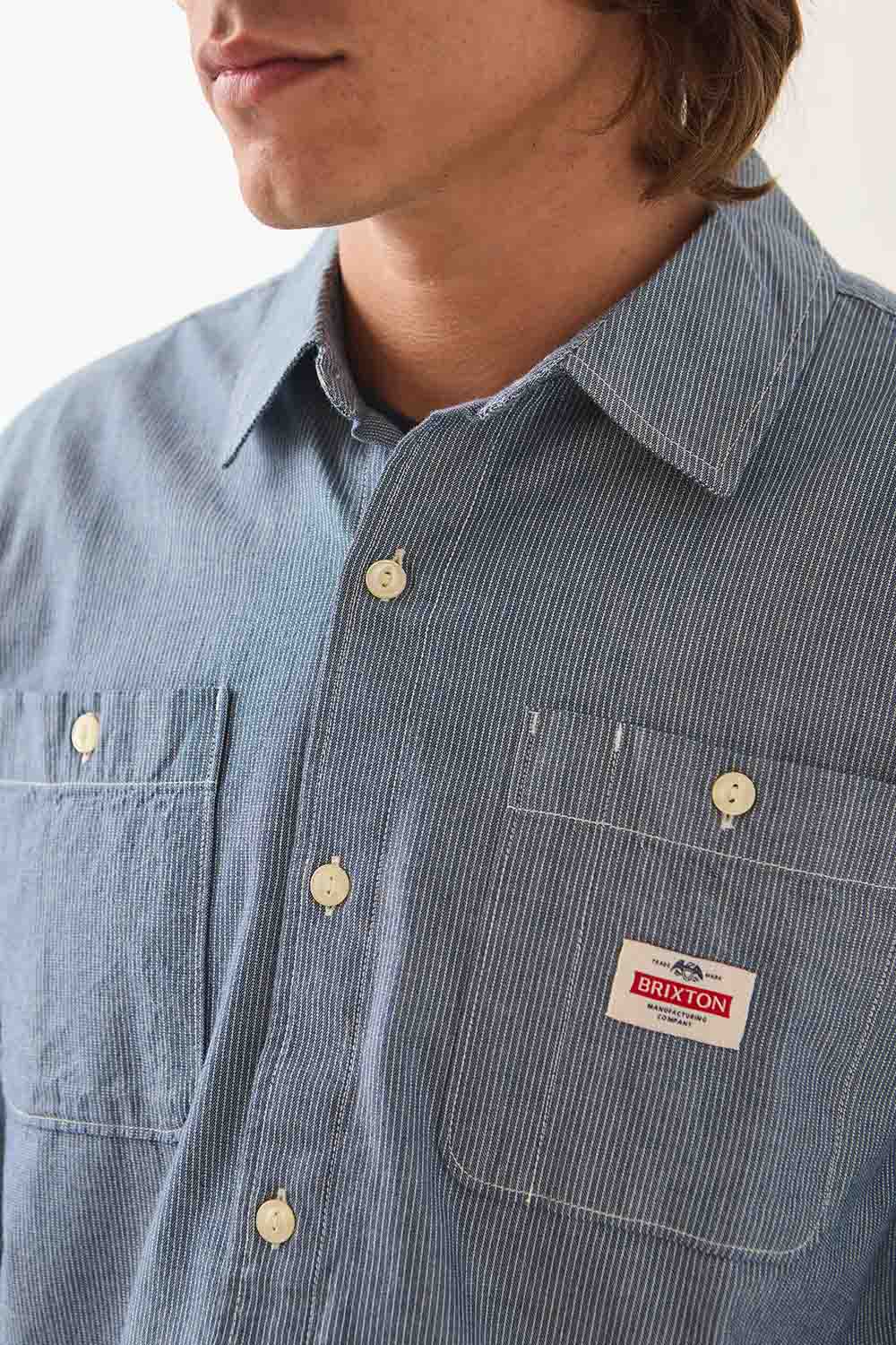 Brixton Trademark Shirt in Blue Chambray Micro Stripe — Brand tag detail view