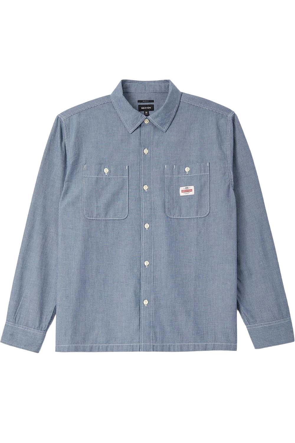 Brixton Trademark Shirt in Blue Chambray Micro Stripe — Flatlay view