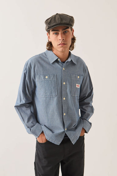 Brixton Trademark Shirt in Blue Chambray Micro Stripe — Front view
