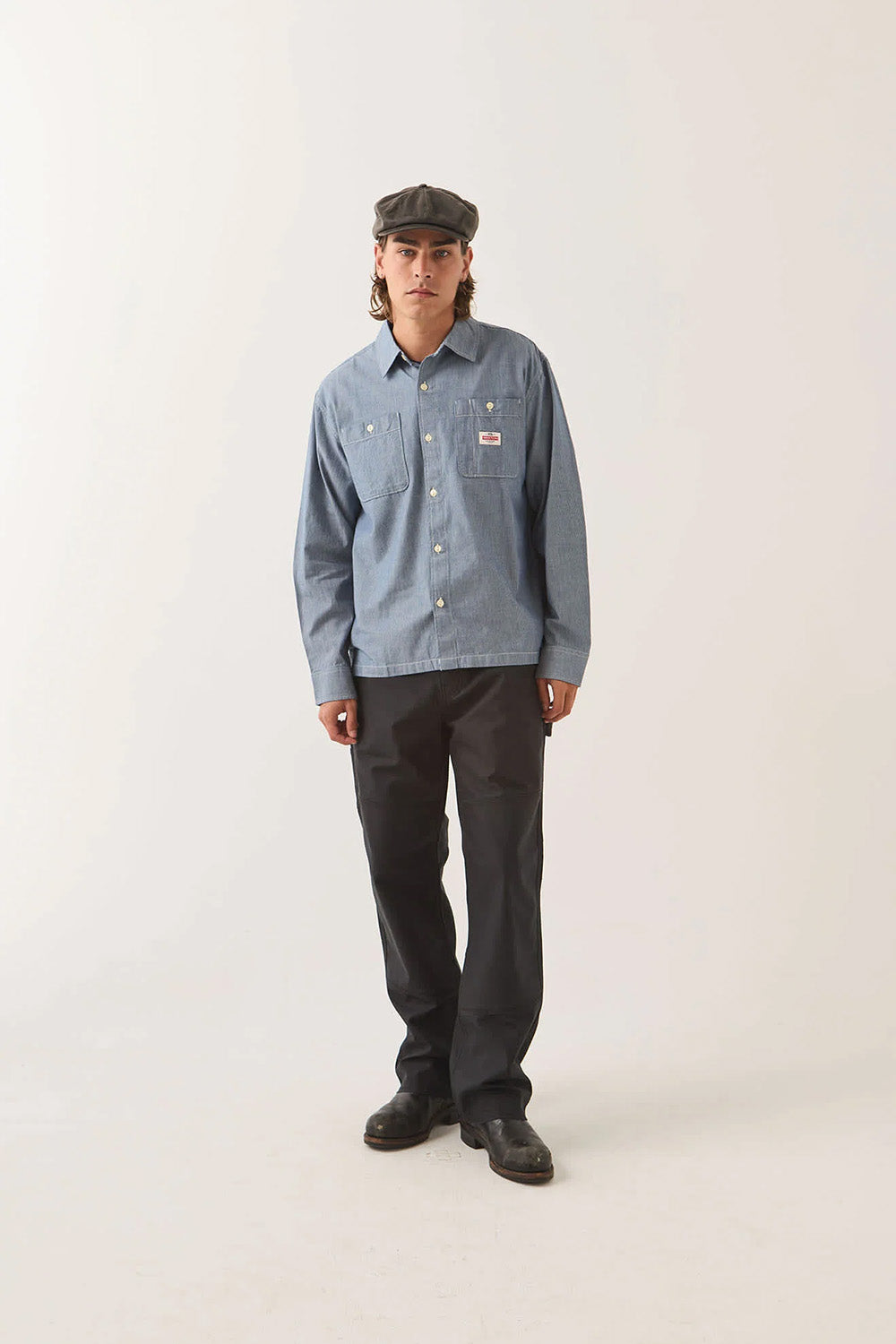 Brixton Trademark Shirt in Blue Chambray Micro Stripe — Full-body view