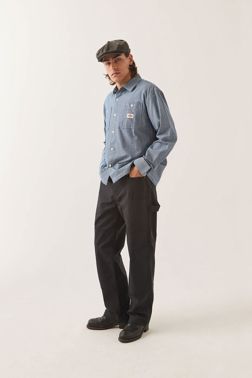 Brixton Trademark Shirt in Blue Chambray Micro Stripe — Quarter view