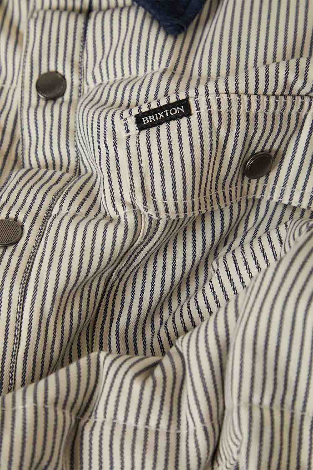 brixton cass jacket whitecap mood indigo hickory stripe detail
