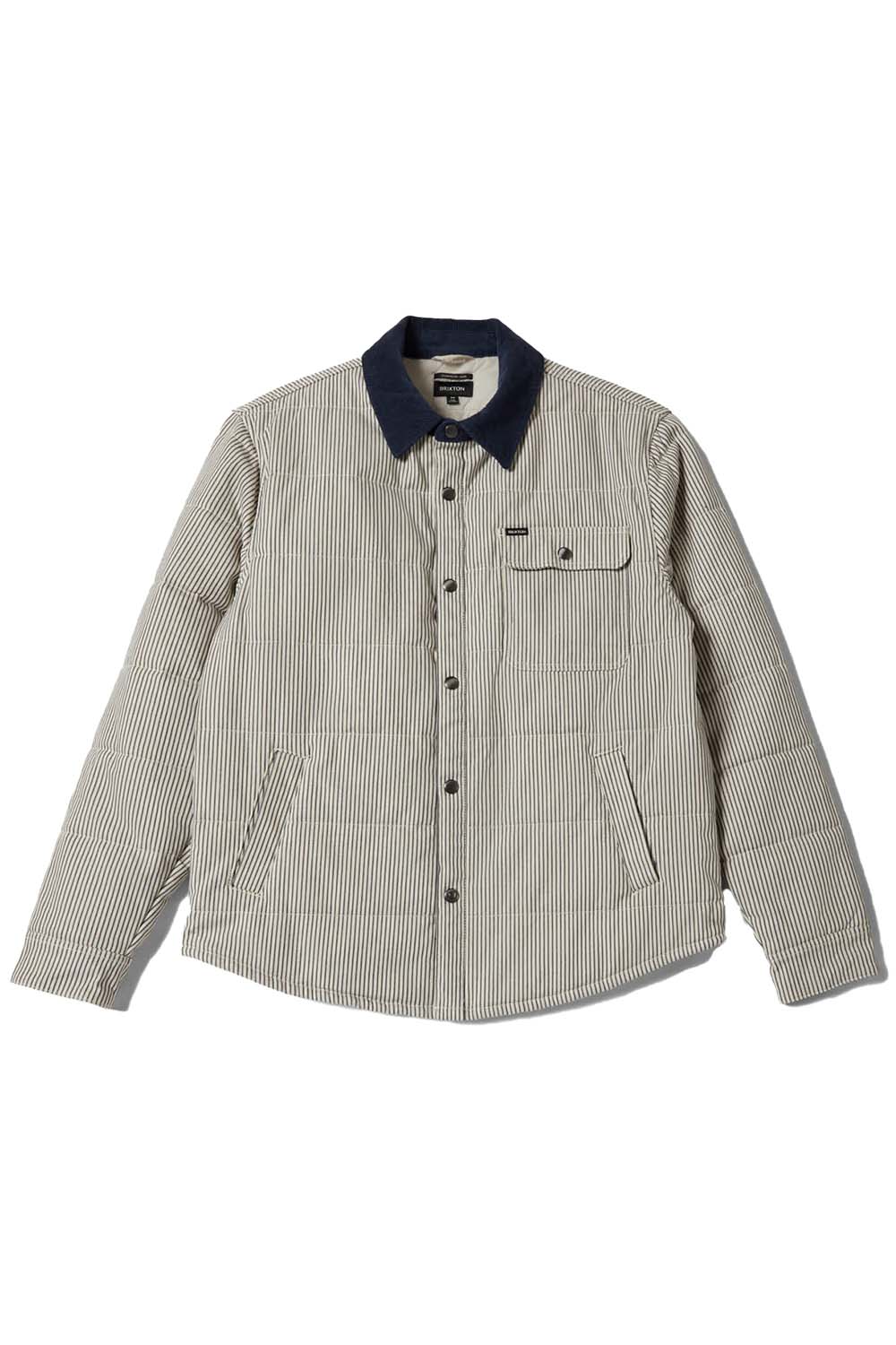 brixton cass jacket whitecap mood indigo hickory stripe flatlay