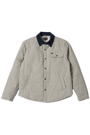 brixton cass jacket whitecap mood indigo hickory stripe flatlay