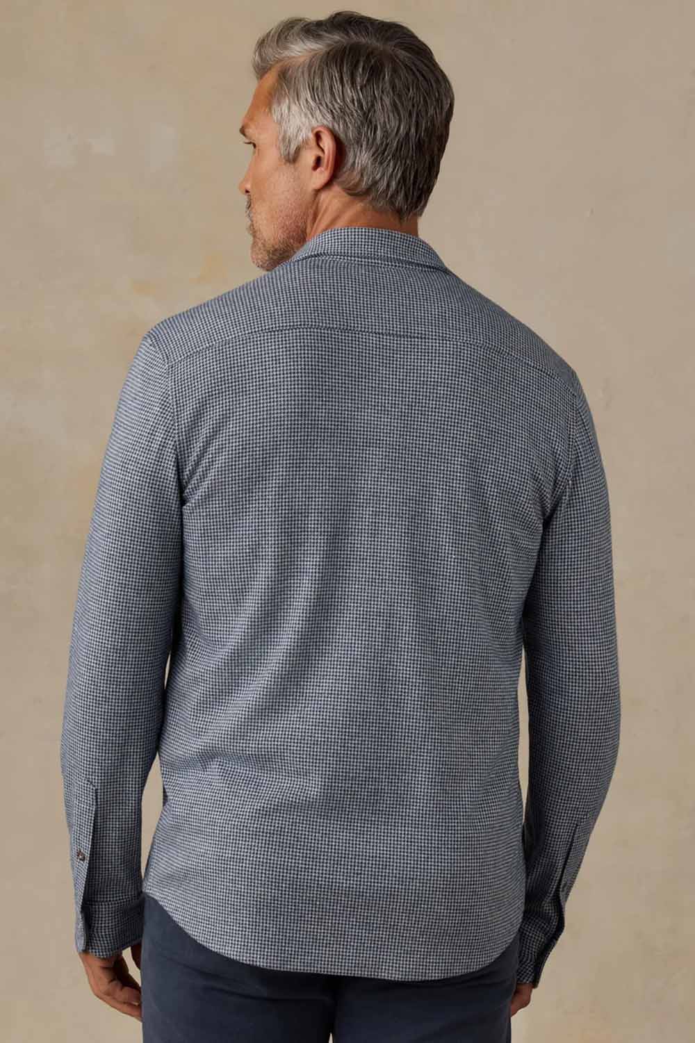 Faherty Legend Sweater Shirt in Navy Cream Pincheck — Back view