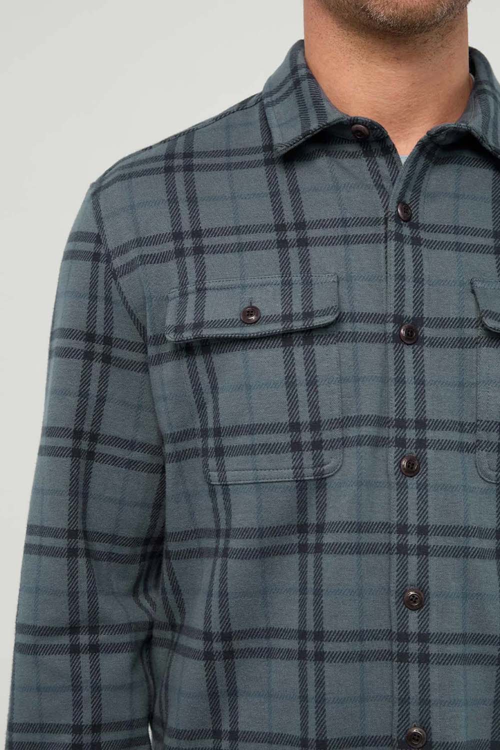 Duer Performance Flannel Overshirt in Marine Plaid — Detail-1 view