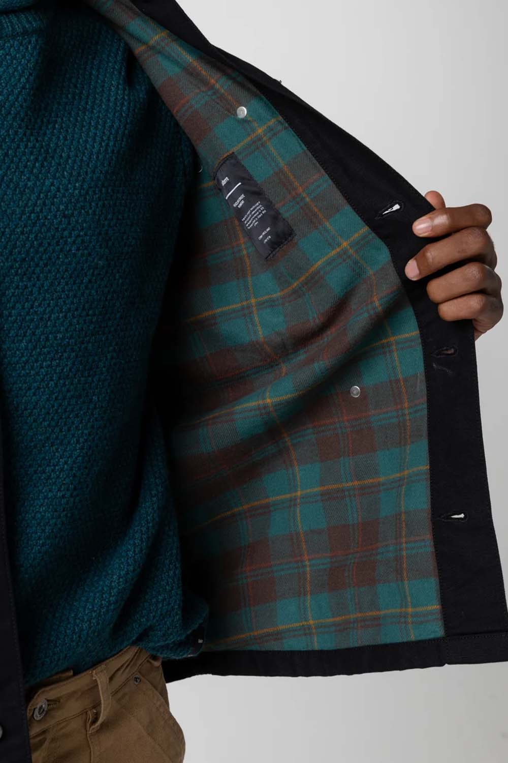 Finisterre - Basset Flannel Lined Jacket - Black - Model Detail Lining