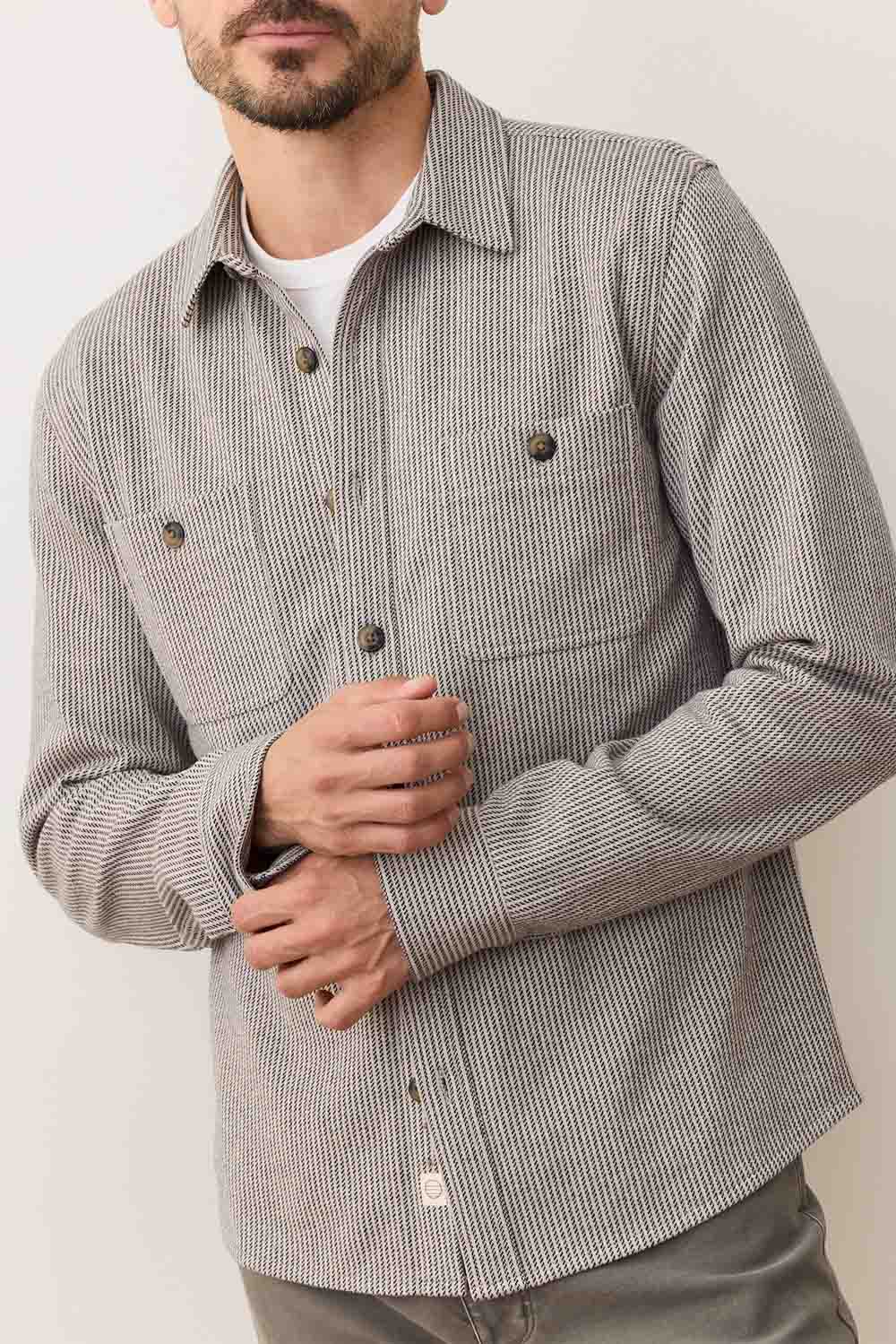 Marine Layer PACIFICA OVERSHIRT Grey Railroad Stripe Profile