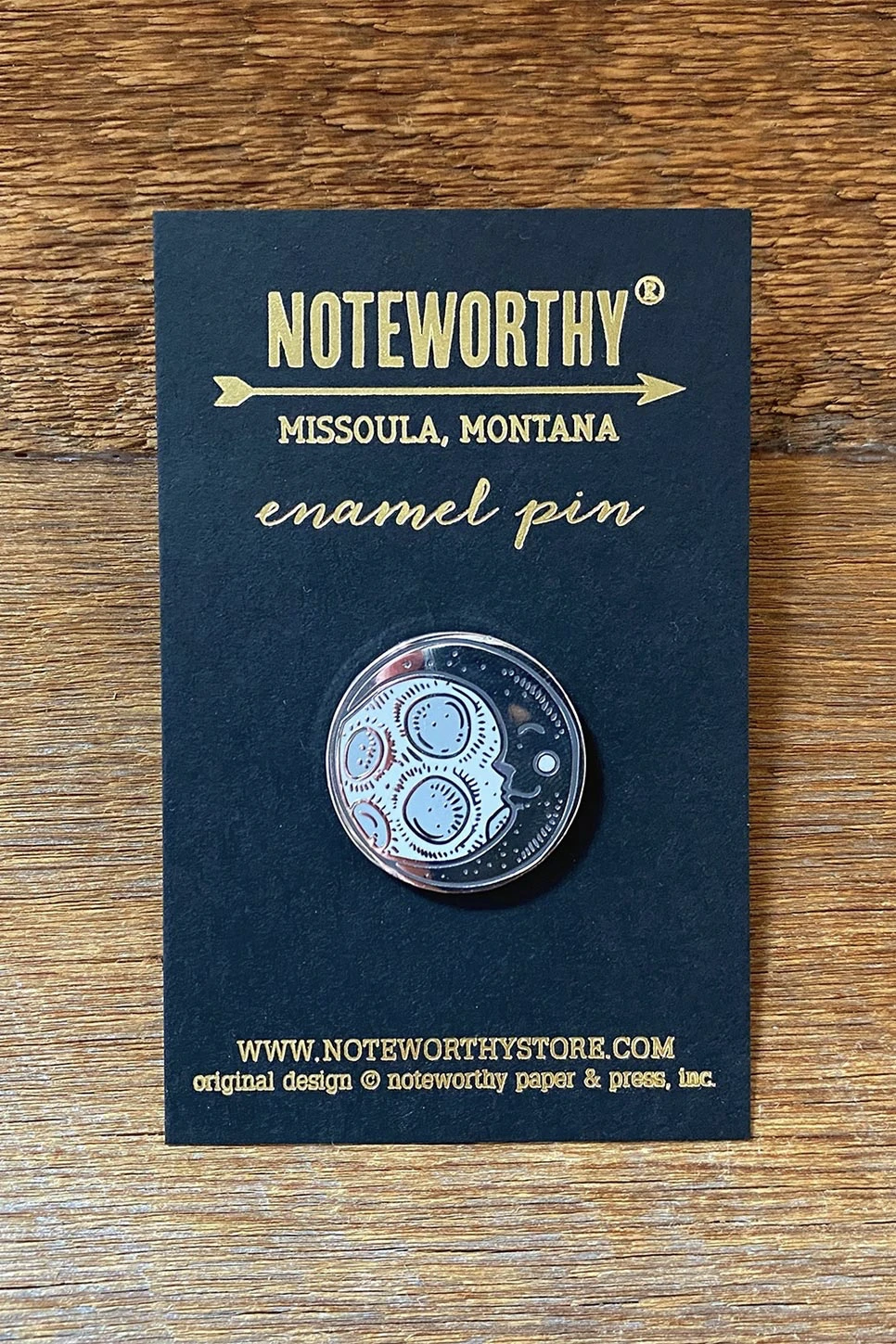Noteworth Paper & Press - Moon Enamel Pin - Package