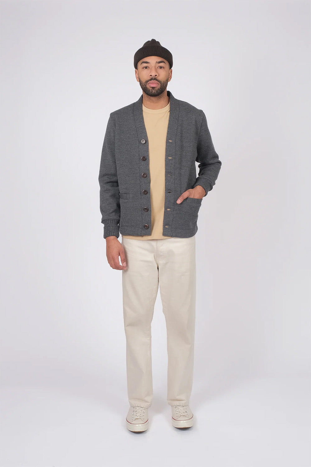 Dehen - Classic Cardigan - Charcoal - On-Model Front