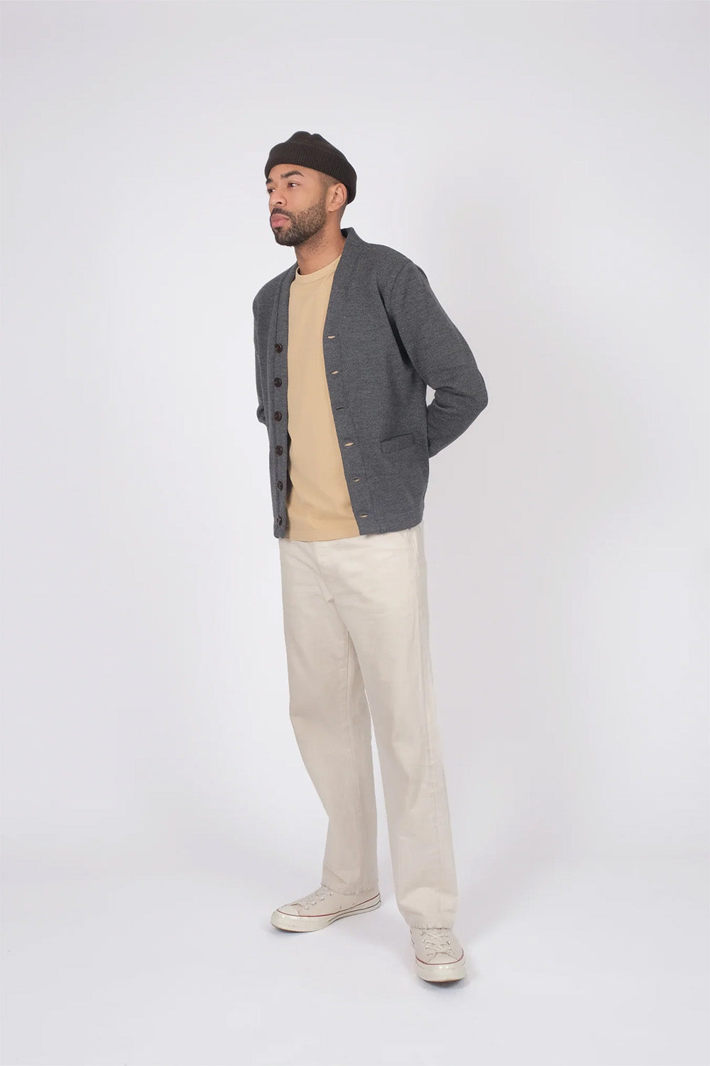 Dehen - Classic Cardigan - Charcoal - On-Model Three-Quarter