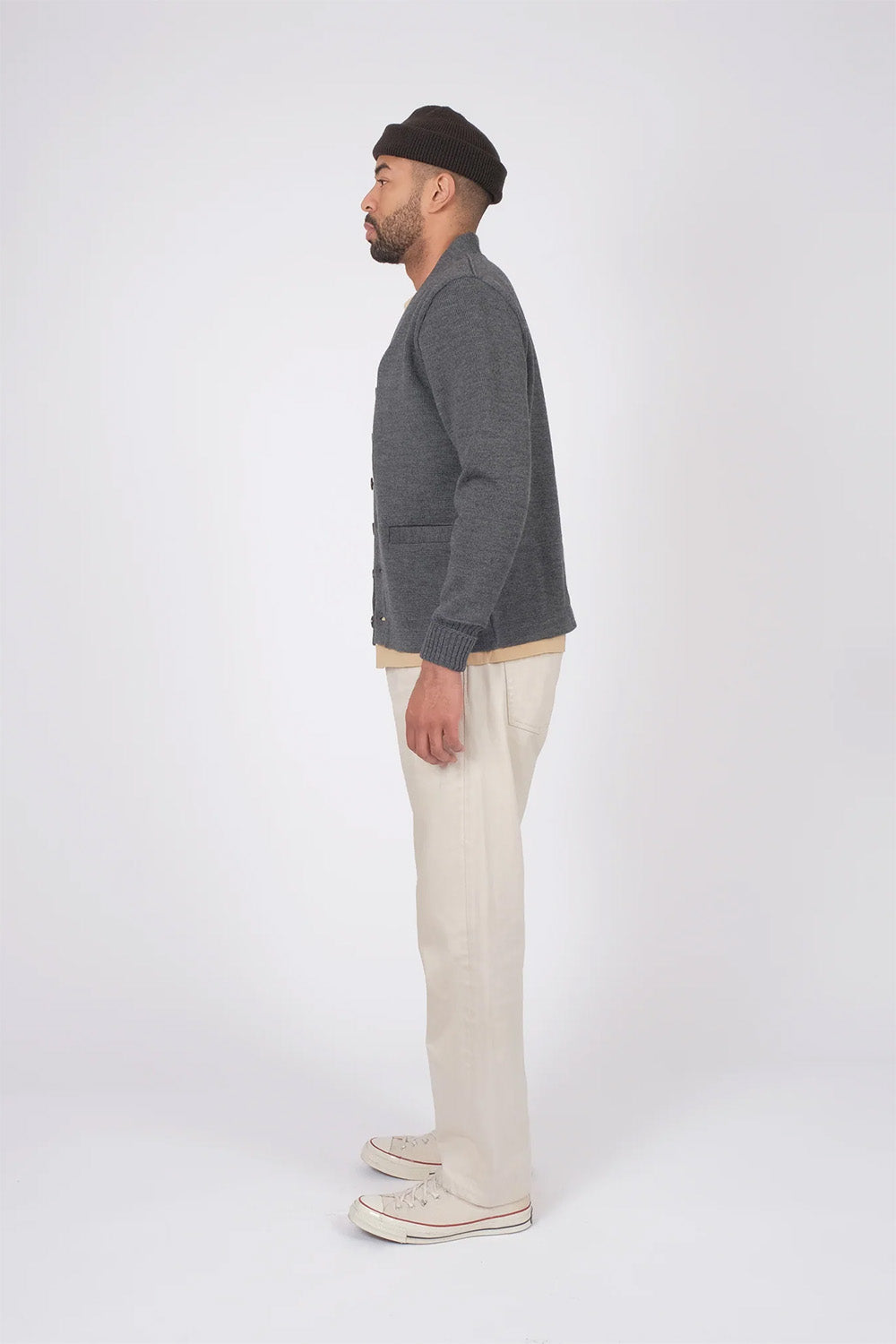 Dehen - Classic Cardigan - Charcoal - On-Model Side