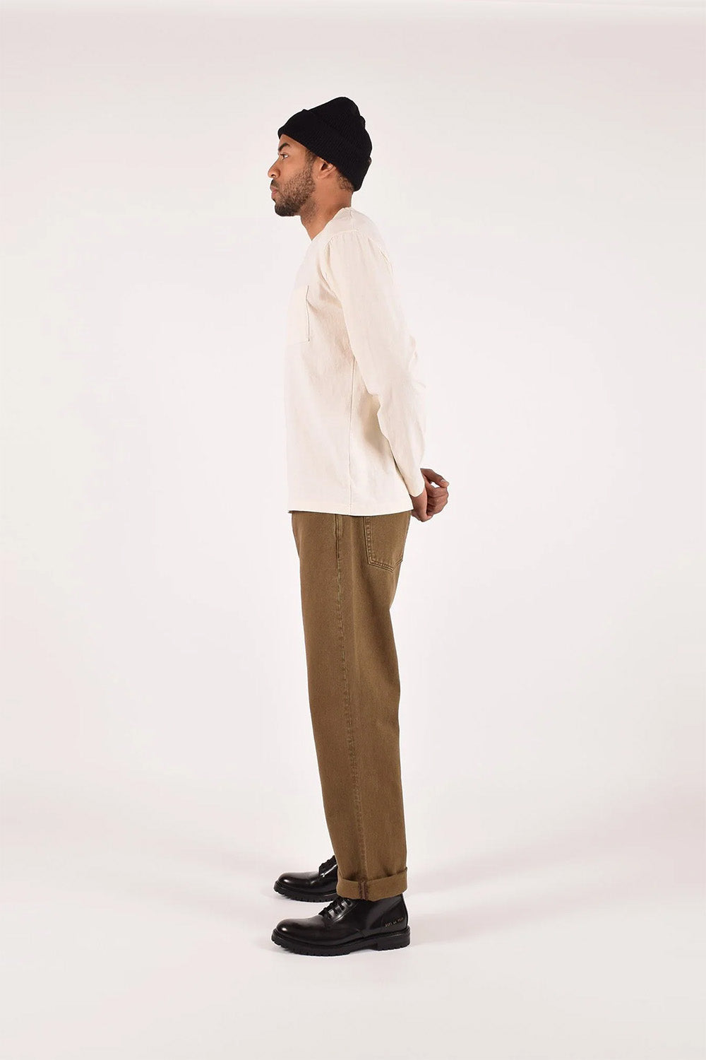 Dehen - Heavy Duty Long Sleeve Pocket Tee - Natural - On-Model Side
