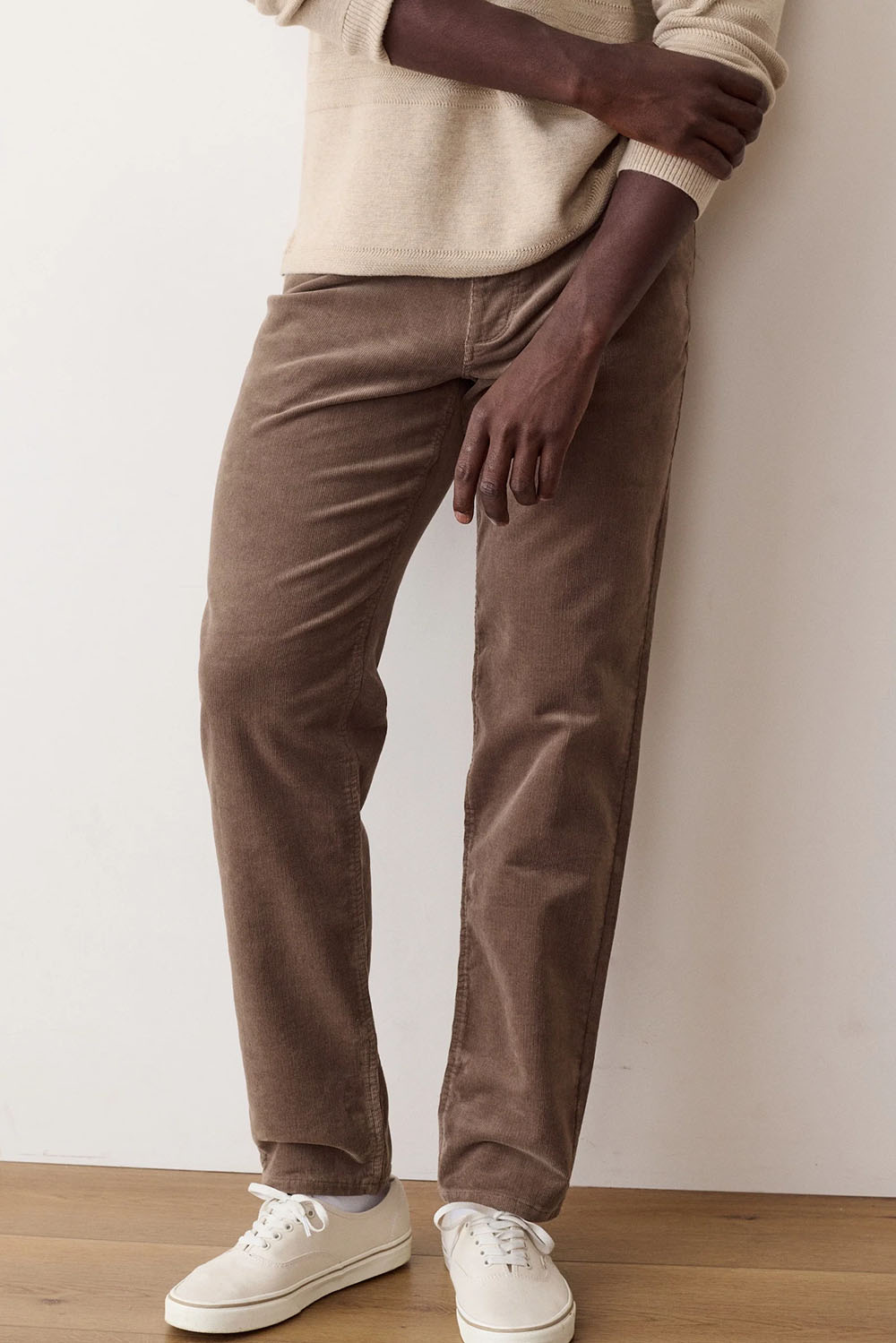 Marine Layer 5 Pocket Flex Terry Cords in Taupe — Front view