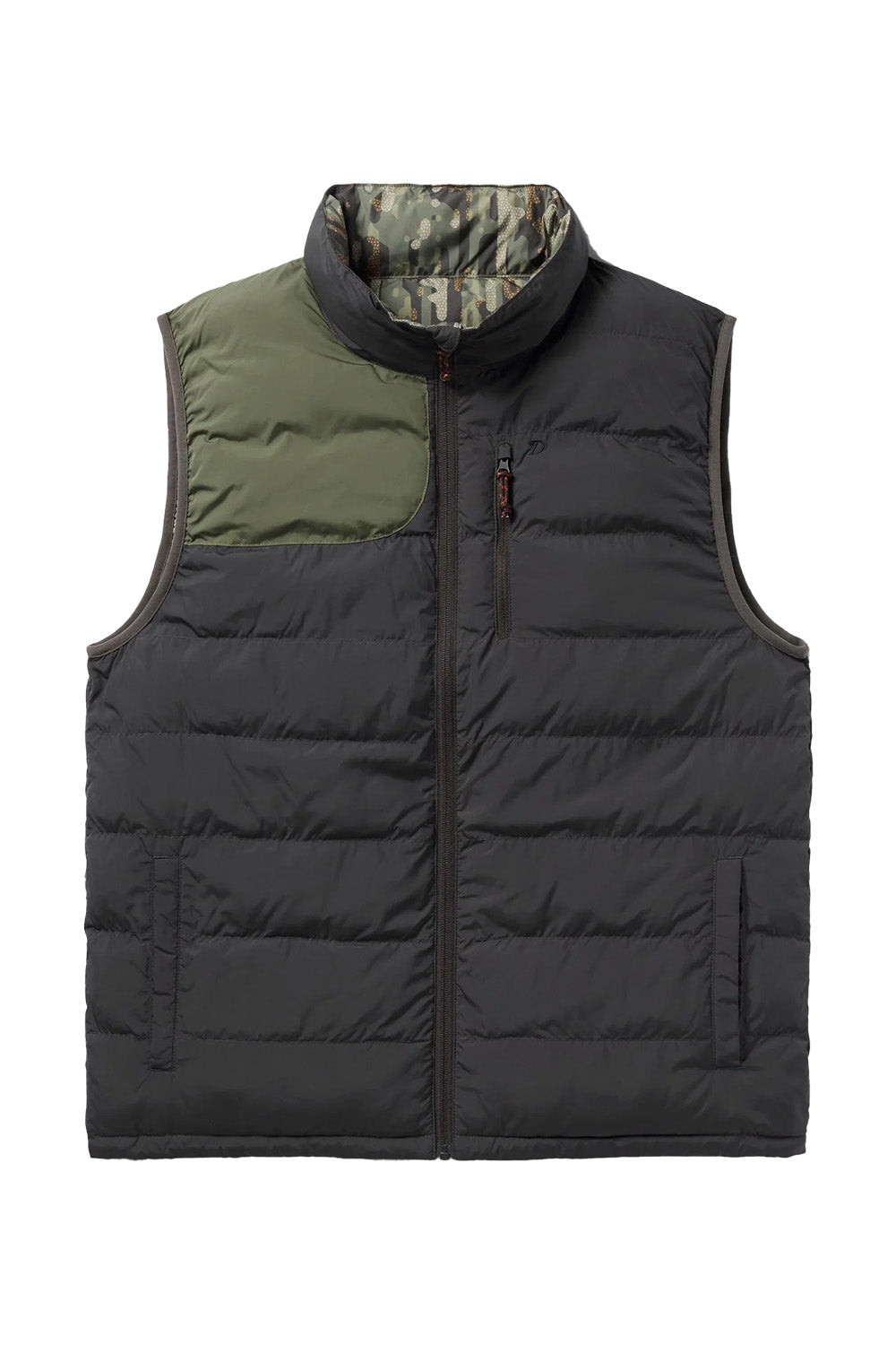 duck camp drydown reversible vest raven woodland front