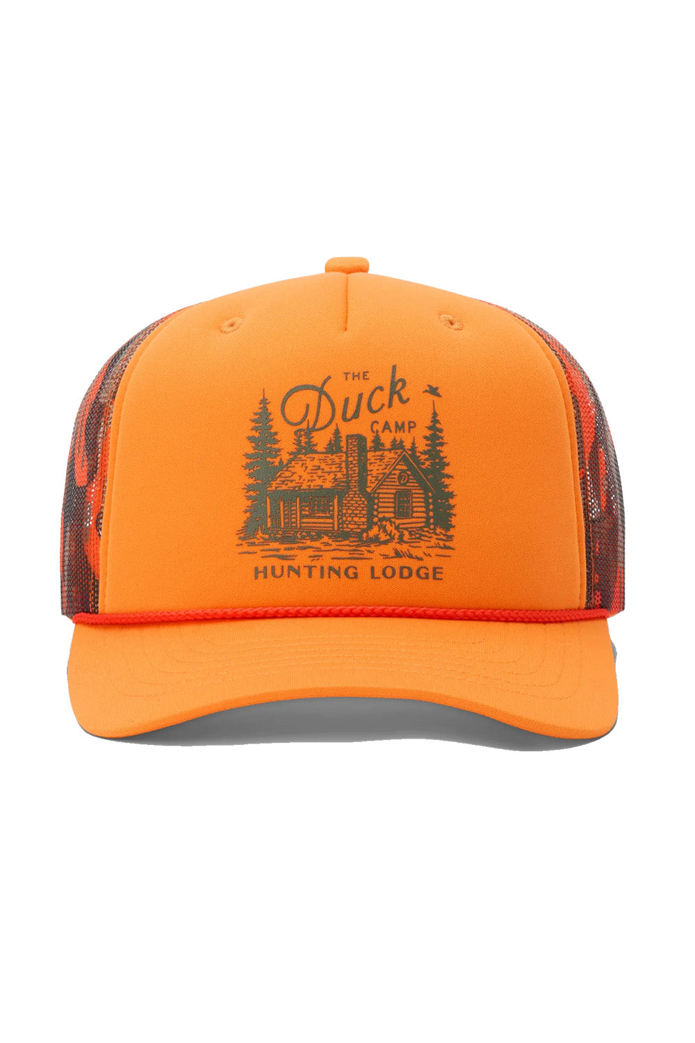 duck camp huntin' lodge retro trucker Blaze Orange front