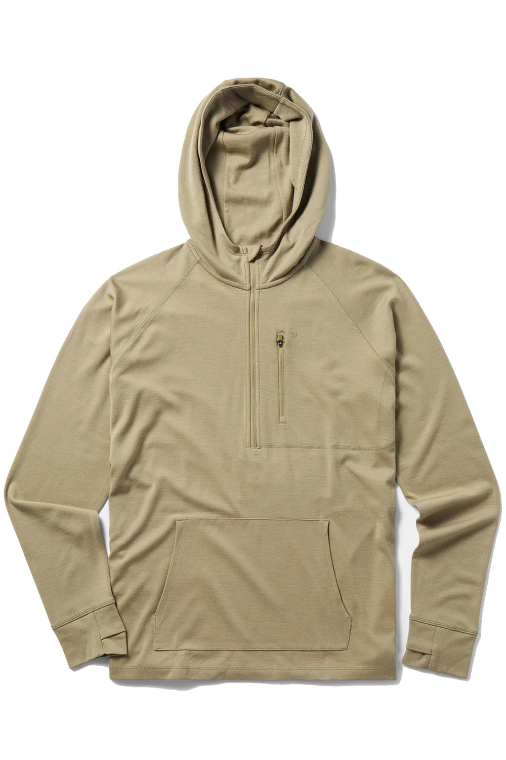 duck camp merino half zip hood sagebrush flatlay