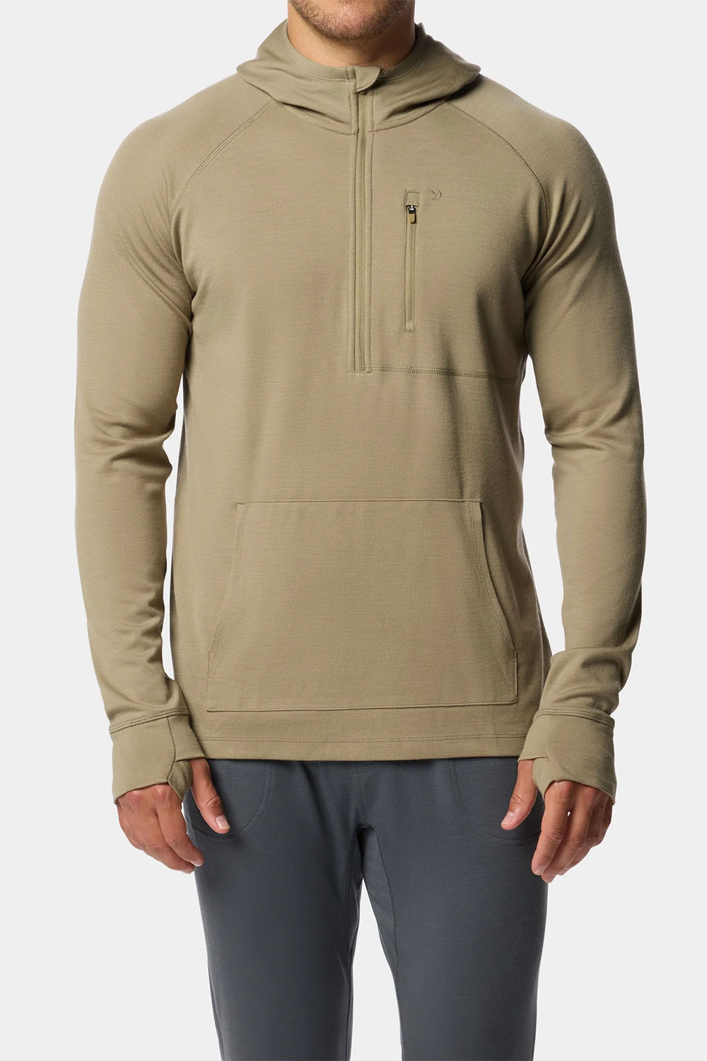 duck camp merino half zip hood sagebrush front