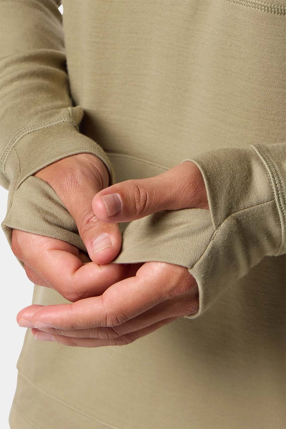 duck camp merino half zip hood sagebrush hands