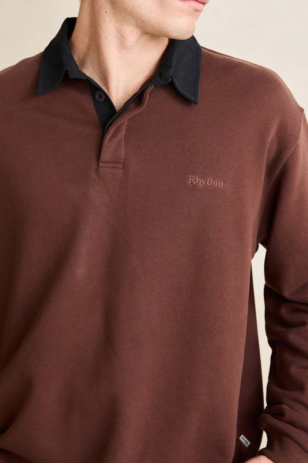 Rhythm Koa Rugby Polo in Chocolate — Detail-Collar view