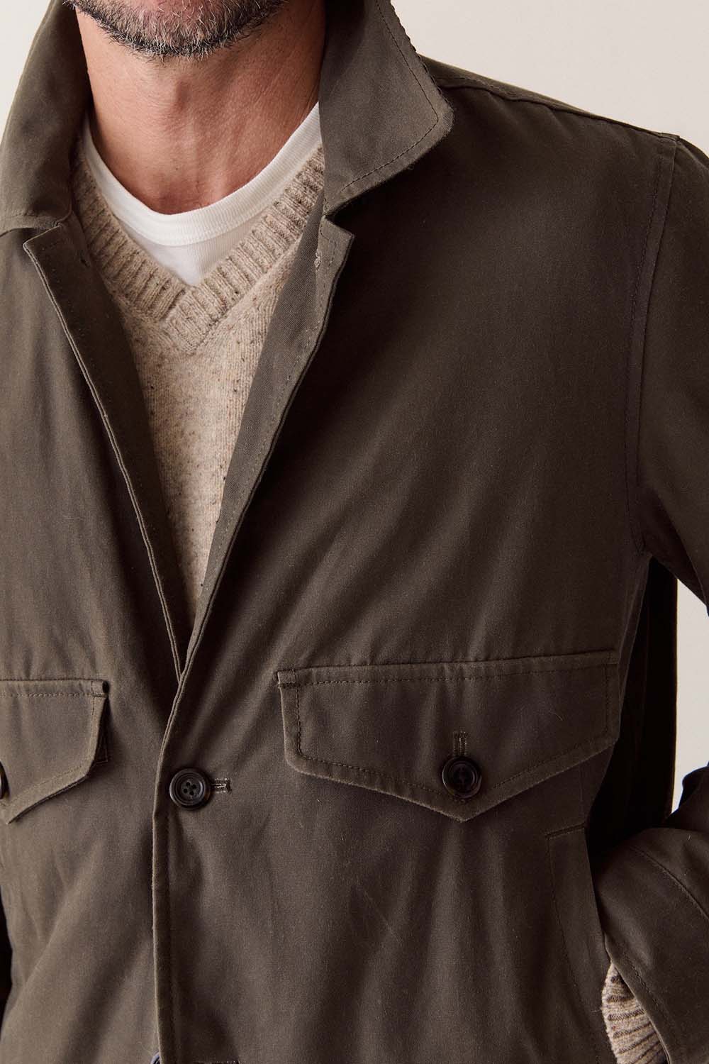 Marine Layer Waxed Trucker Jacket in Olive — Detail chest view