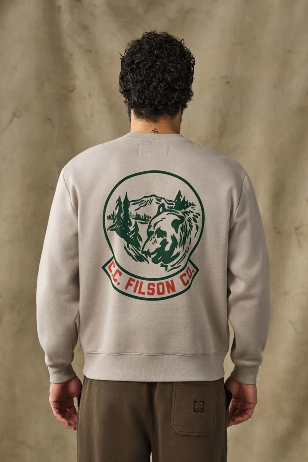Filson Bear Graphic Crewneck in Vintage Khaki — Back view