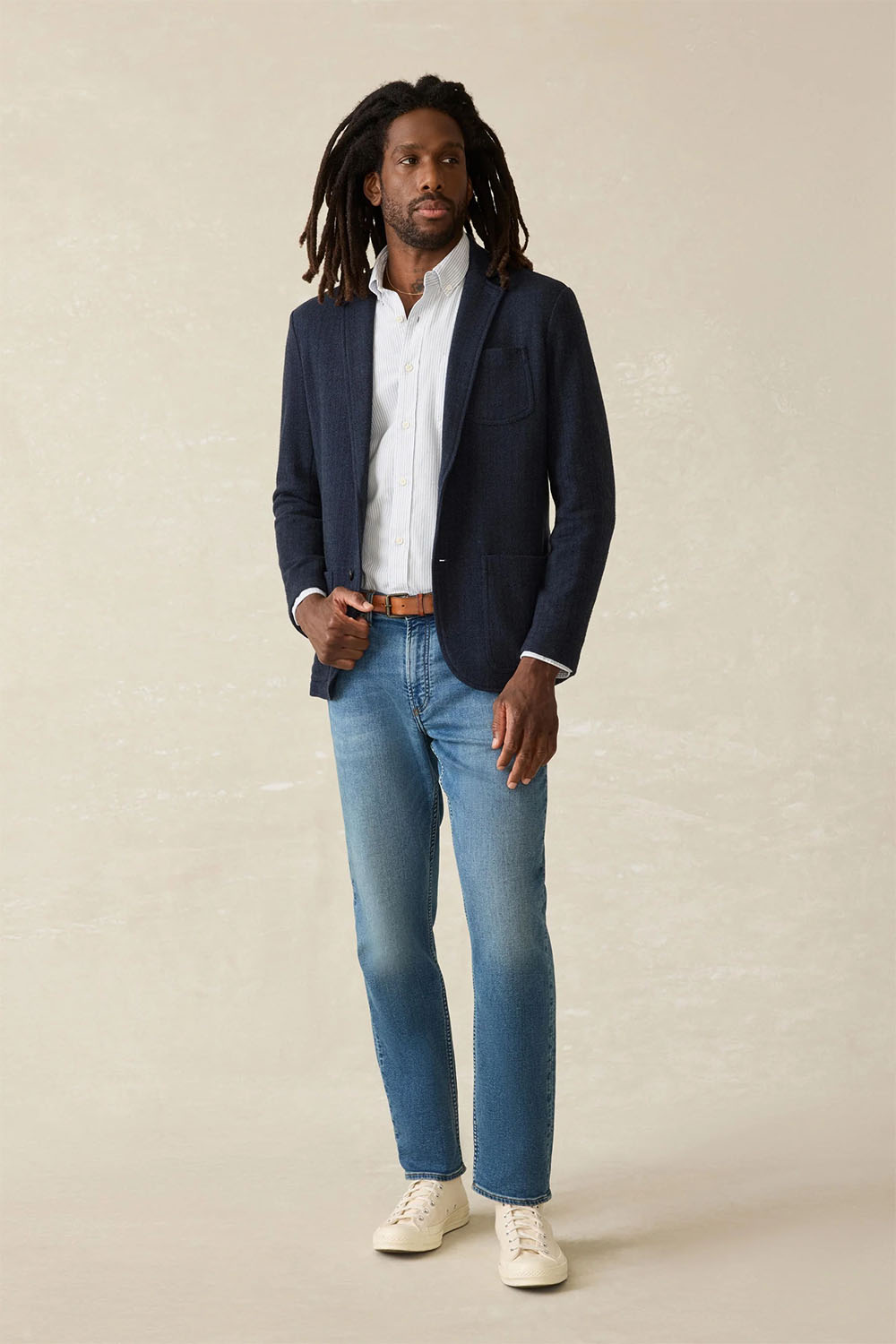 Faherty Inlet Herringbone Blazer in Navy Twilight — Lifestyle view