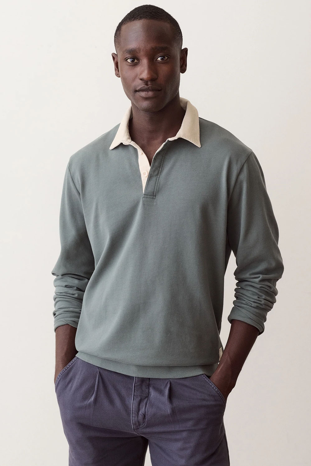 Marine Layer Sueded Rugby Polo in Balsam Green — Front view