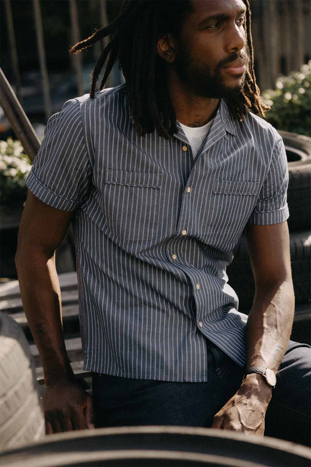 Taylor Stitch - The Tulum Shirt - Midnight Stripe - Model