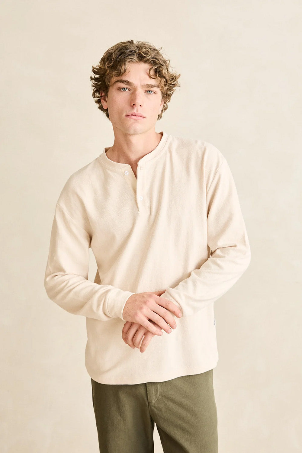 Rhythm Vintage Jersey Henley in Natural — Quarter view