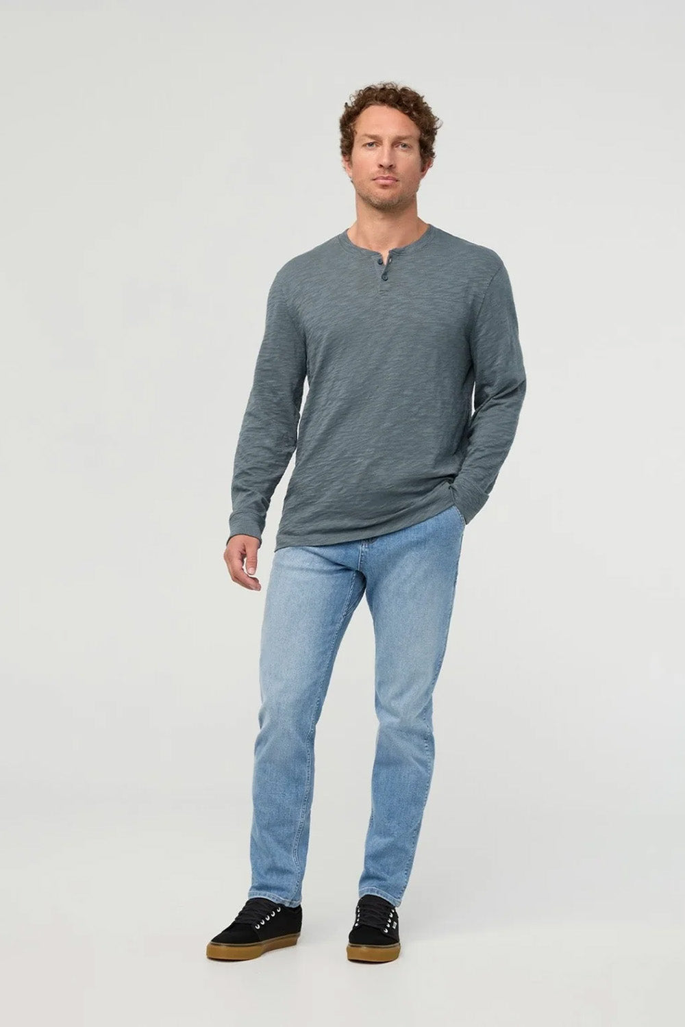 Duer Midweight Slub Henley in Slate Blue — Lifestyle view