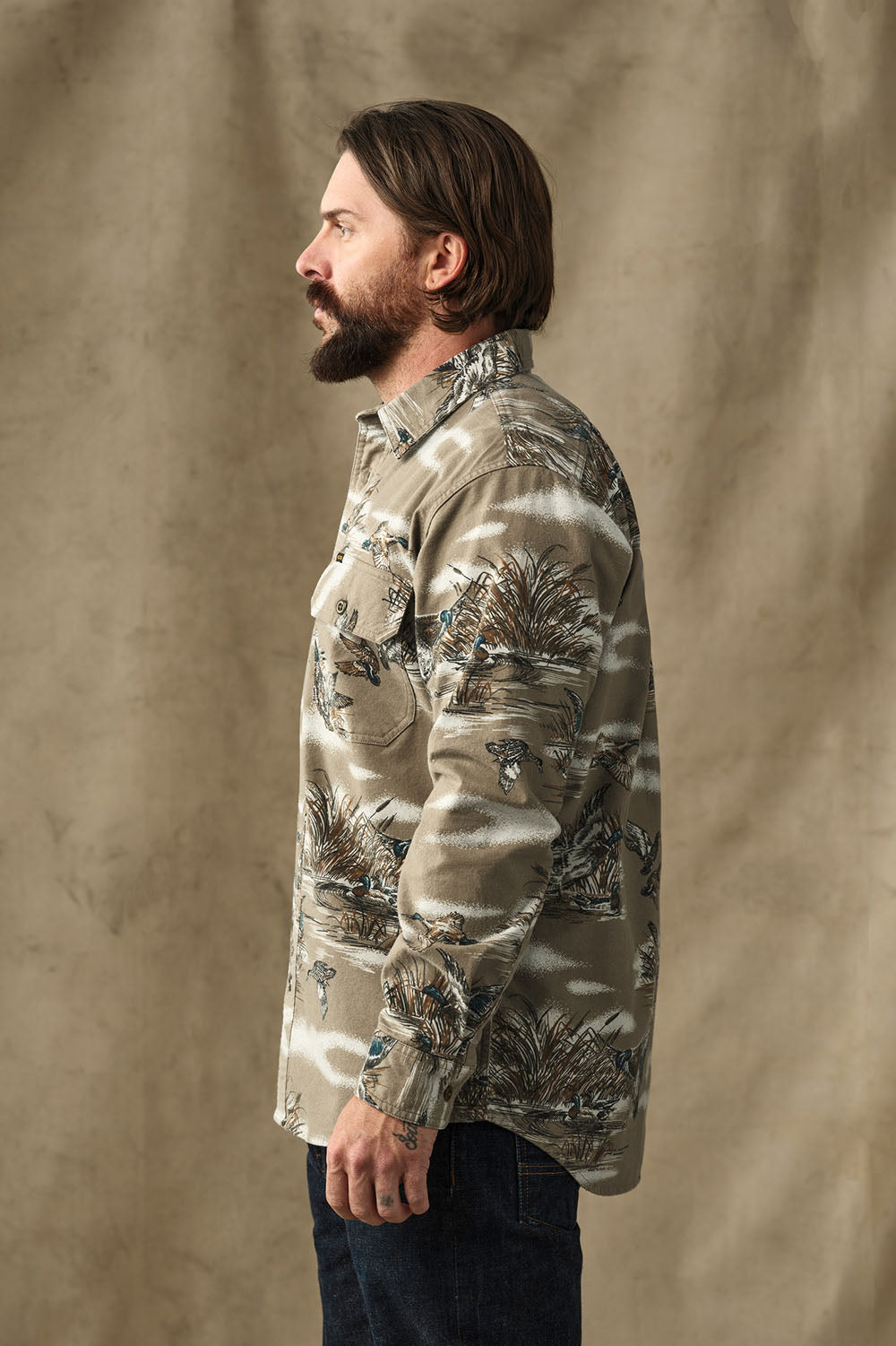 Filson Field Flannel Shirt in Marsh Olive Print — Side view