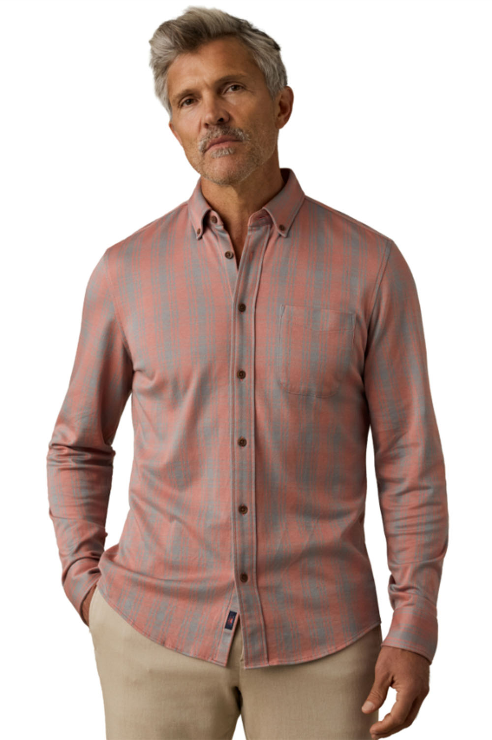 Faherty - Coastline Knit Shirt - Crimson Cliff Plaid - Model Front